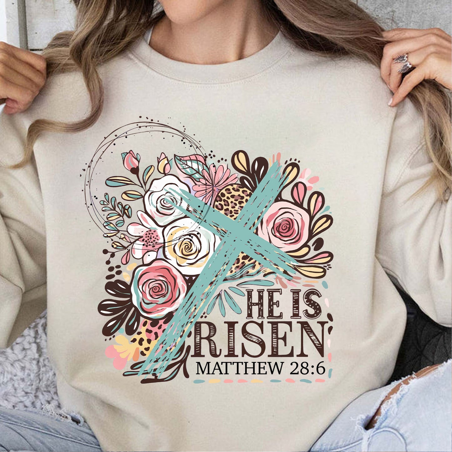 He Is Risen Matthew 28:6 Christian Easter Shirt | Floral Cross Faith T-Shirt 684406