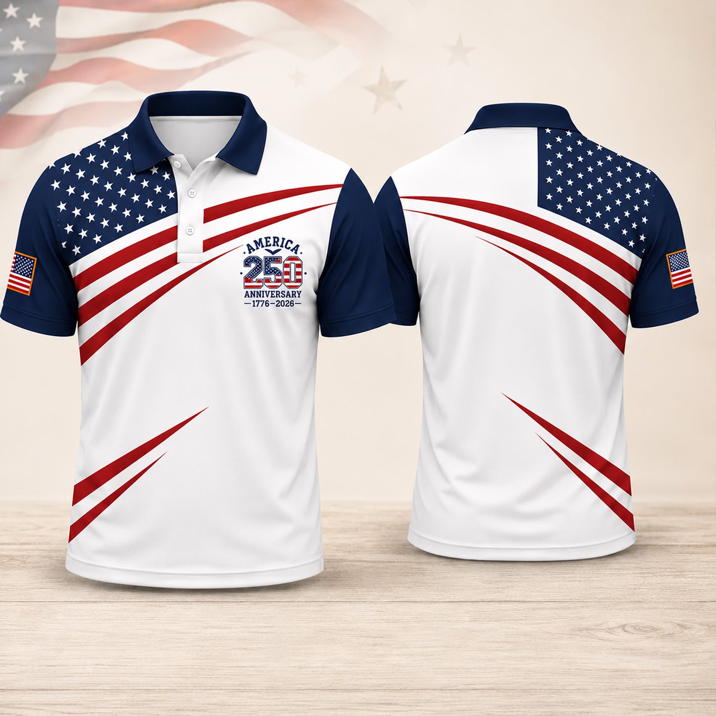 250 Years Anniversary AOP Polo Shirt, USA Flag 1776-2026 Patriotic Golf Polo, Independence Day Shirt 685357 WFD
