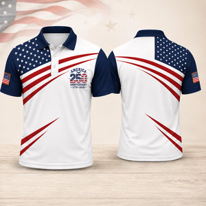250 Years Anniversary AOP Polo Shirt, USA Flag 1776-2026 Patriotic Golf Polo, Independence Day Shirt 685357