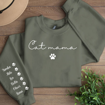 Personalized Cat Mama Sweatshirt with Cat Name, Custom Cat Mom Sweater, Front & Right Sleeve Print 683982