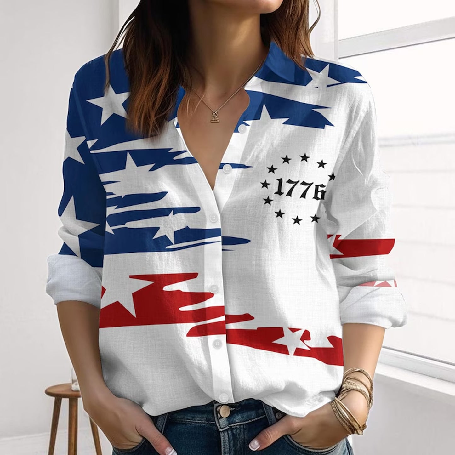 Retro 250 Years American Flag Blouse Shirt, Patriotic 1776 Women Top, Red White Blue 4th of July Shirt 685252 WFD
