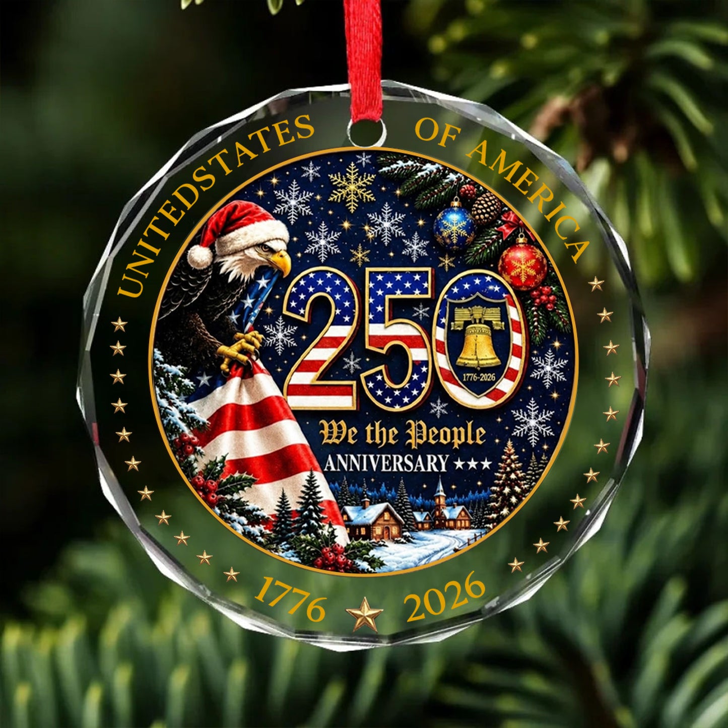 USA 250th Anniversary Glass Ornament, 1776-2026 Patriotic Eagle Christmas Ornament 685818