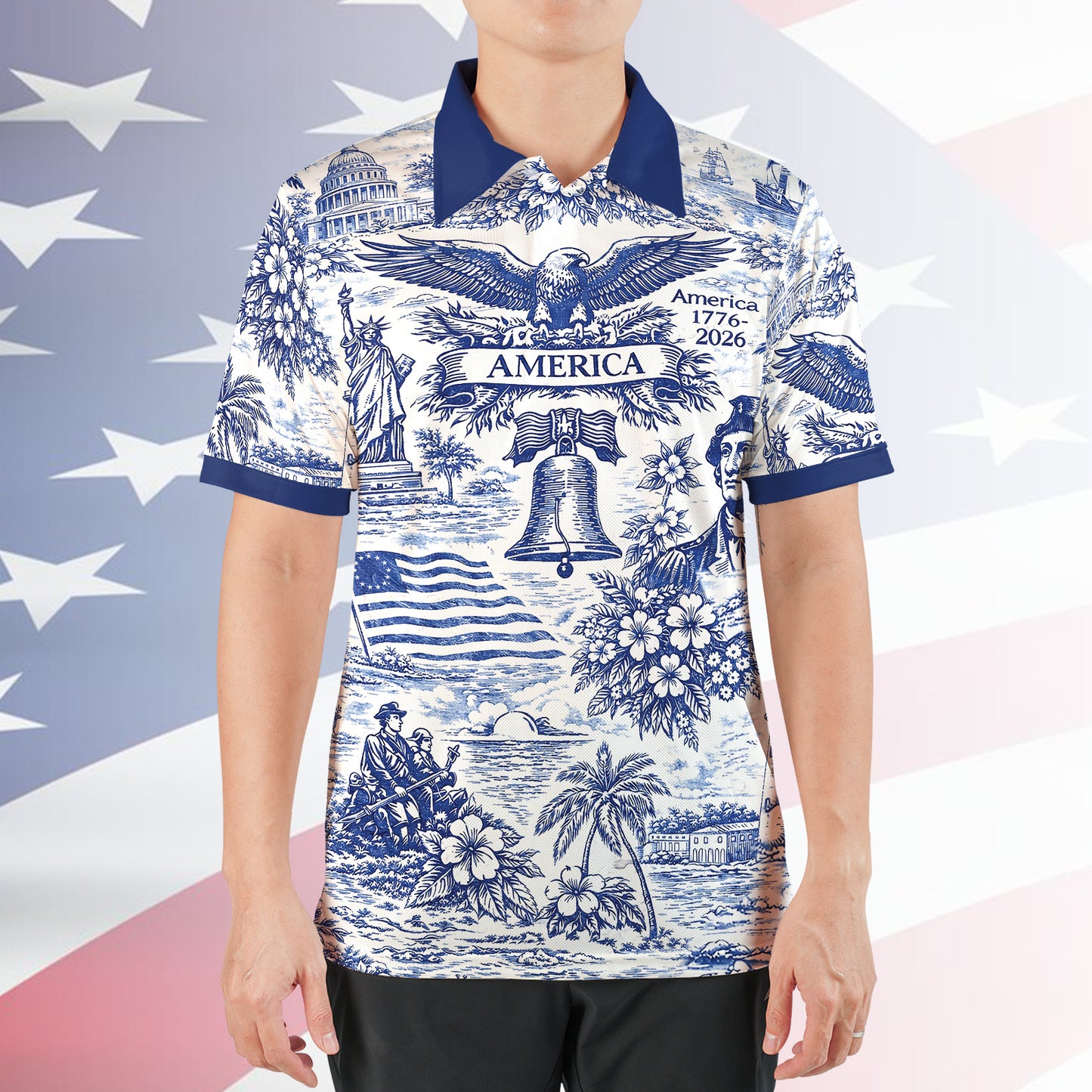 250 Years of America 1776–2026 Polo Shirt, Vintage Patriotic All-Over Print Polo, 4th of July USA Shirt 684893