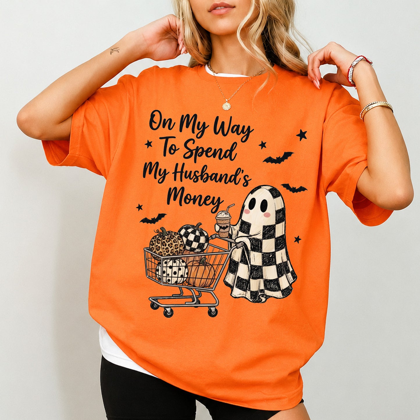 Funny Halloween Ghost Shopping Shirt, On My Way to Spend My Husband’s Money Tee, Fall Pumpkin Sweatshirt 685845