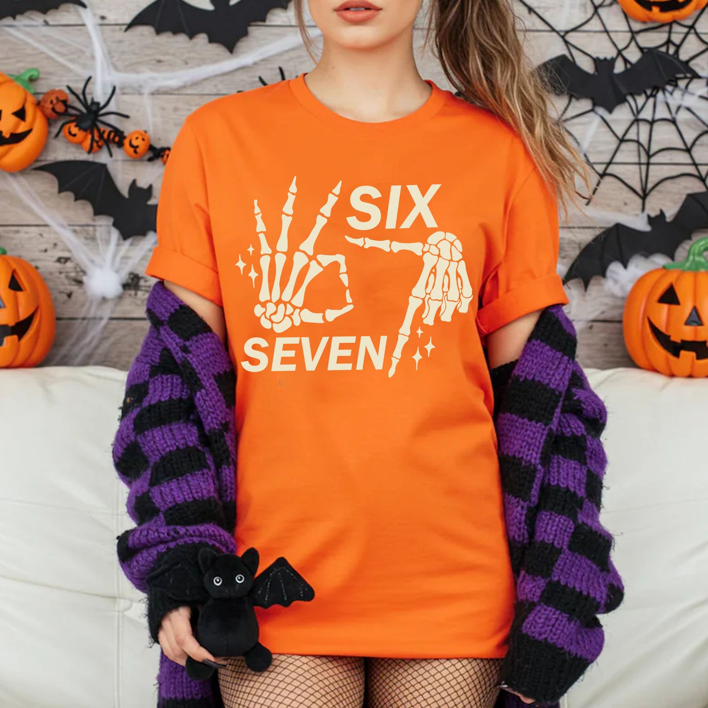 Halloween Six Seven Shirt | 6 7 Meme Skeleton Hands Halloween Shirt | Spooky Skull T-Shirt | Funny Halloween Shirt 683181