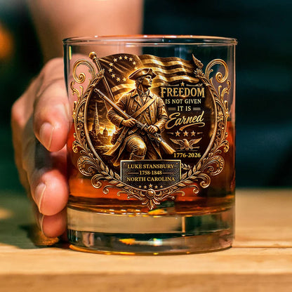 Custom Name Freedom Is Not Given It Is Earned Whiskey Glass | Patriotic 250 Years 1776–2026 Glass 684453