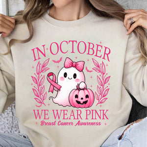 In October We Wear Pink, Breast Cancer Awareness Shirt | Cute Ghost Pink Ribbon T-Shirt | Halloween Pink Out Tee 683307