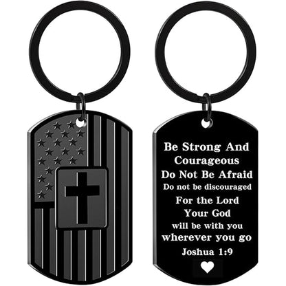 Christian Gift Keychain, Bible Verse Dog Tag Cross Keychain, Black American Flag Keyring, Faith Gift for Men 684047