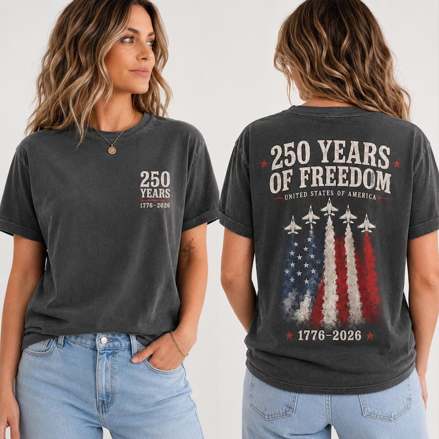 250 Years of Freedom USA Pocket & Back Shirt, Patriotic 1776-2026 Fighter Jet Tee, 4th Of July T-Shirt 685162 WFD