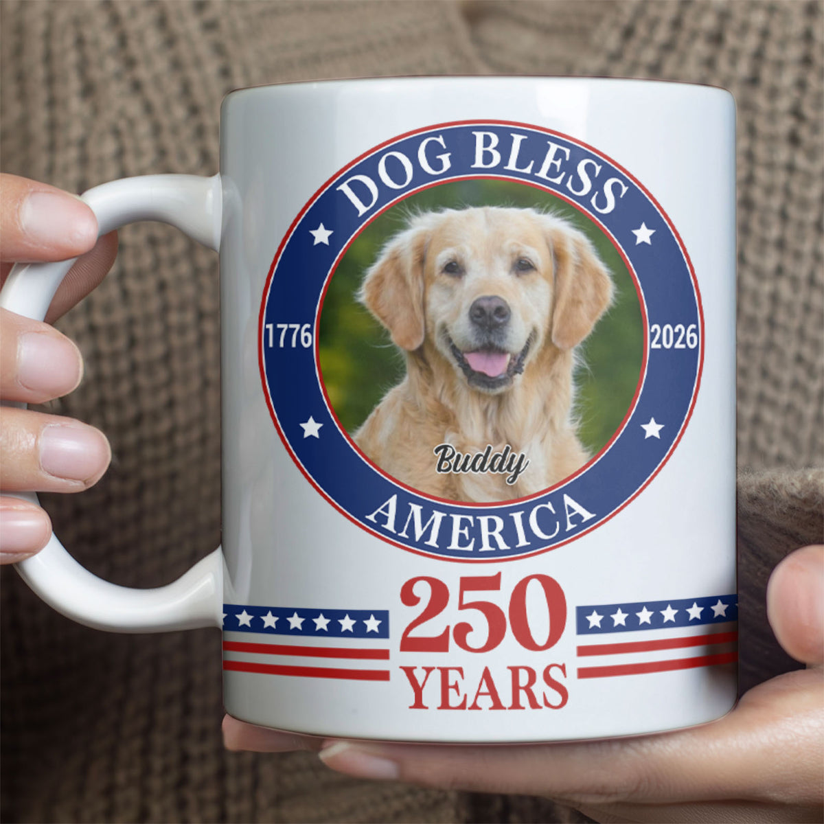 Personalized Dog Photo Bless America Mug | 250 Years 1776–2026 Coffee Mug | Patriotic White Mug Accent Mug 683624
