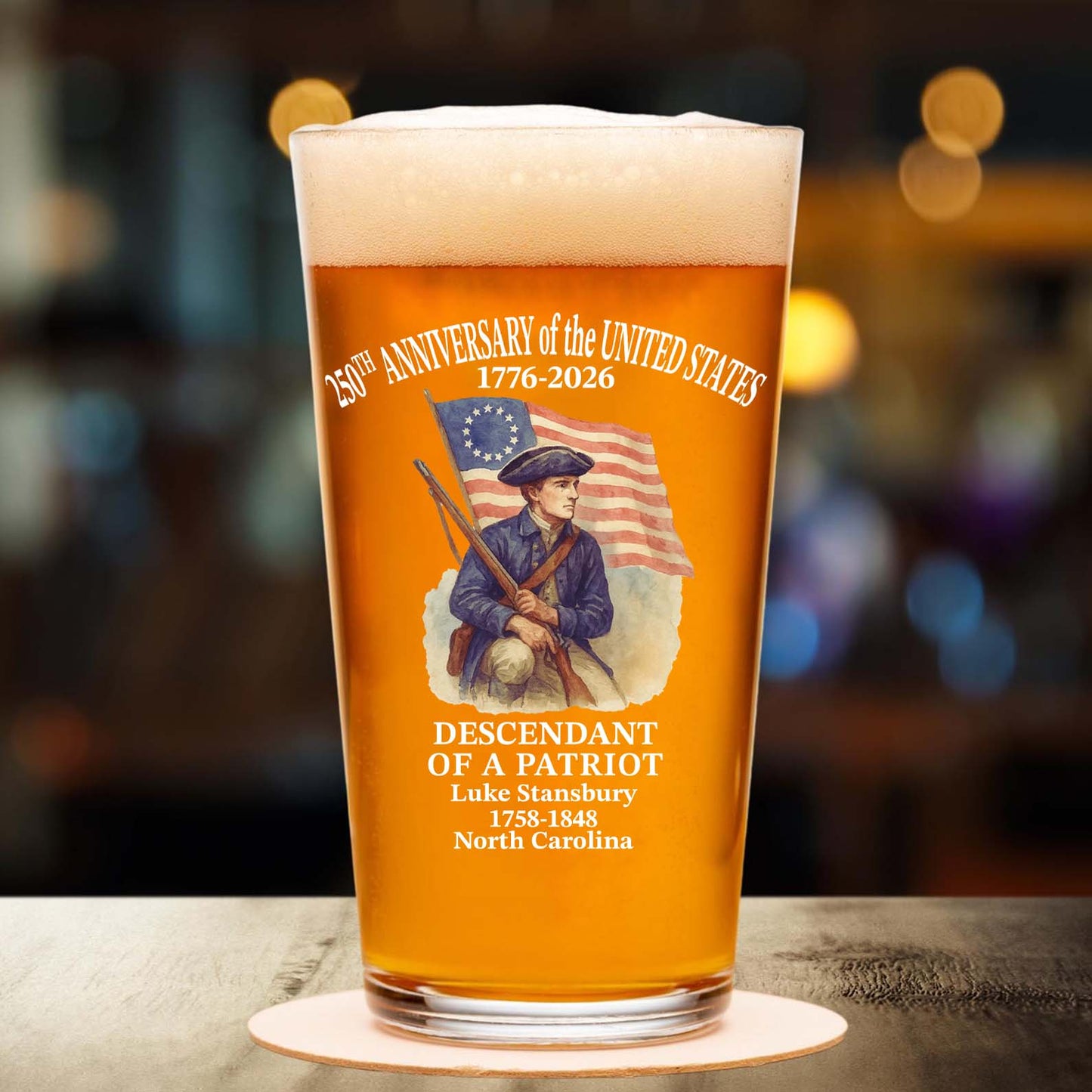 Personalized 250 Years of America Glass | Custom Name Descendant of a Patriot Beer Glass Whiskey Glass 684228