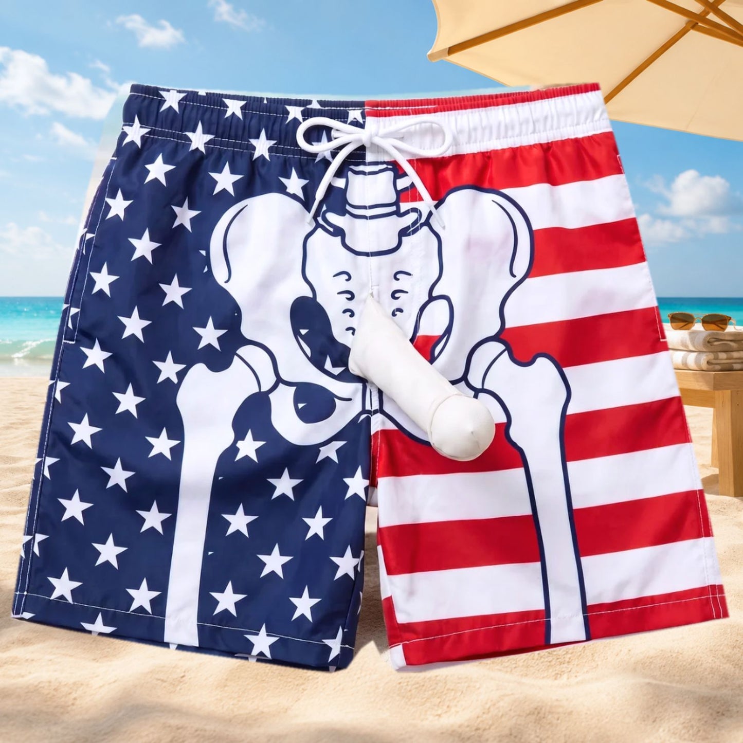 Funny USA Skeleton Swim Trunks, American Flag Beach Shorts, Patriotic Pool Party Beach Shorts For Men 686077 WFD