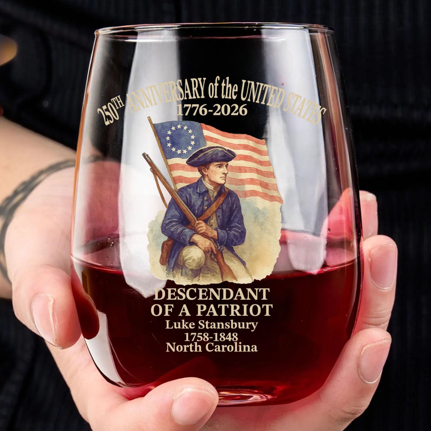 Custom Name 250 Years of America Wine Glass | Personalized Descendant of a Patriot Wine Glass 684228