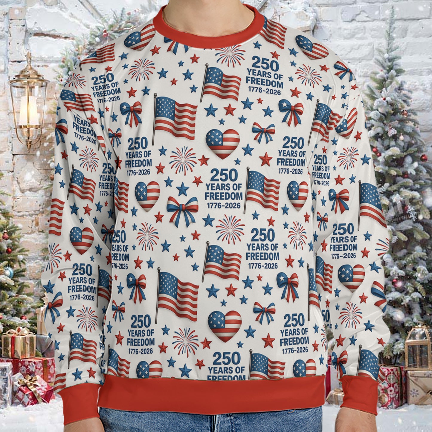250 Years of Freedom Ugly Sweater | Patriotic 1776–2026 Christmas All-Over-Printed Sweatshirt 683443