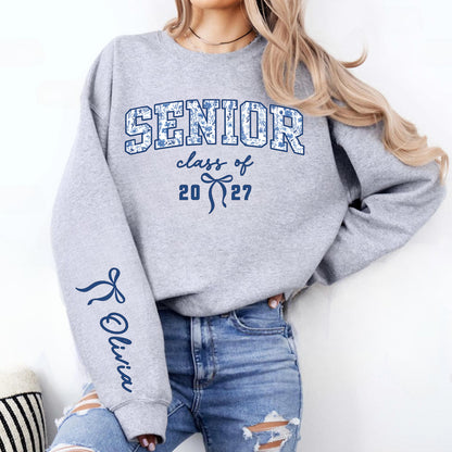 Custom Senior Mom 2027 Coquette Front & Right Sleeve Sweatshirt, Personalized Class of 2027 Graduation Gift 685693