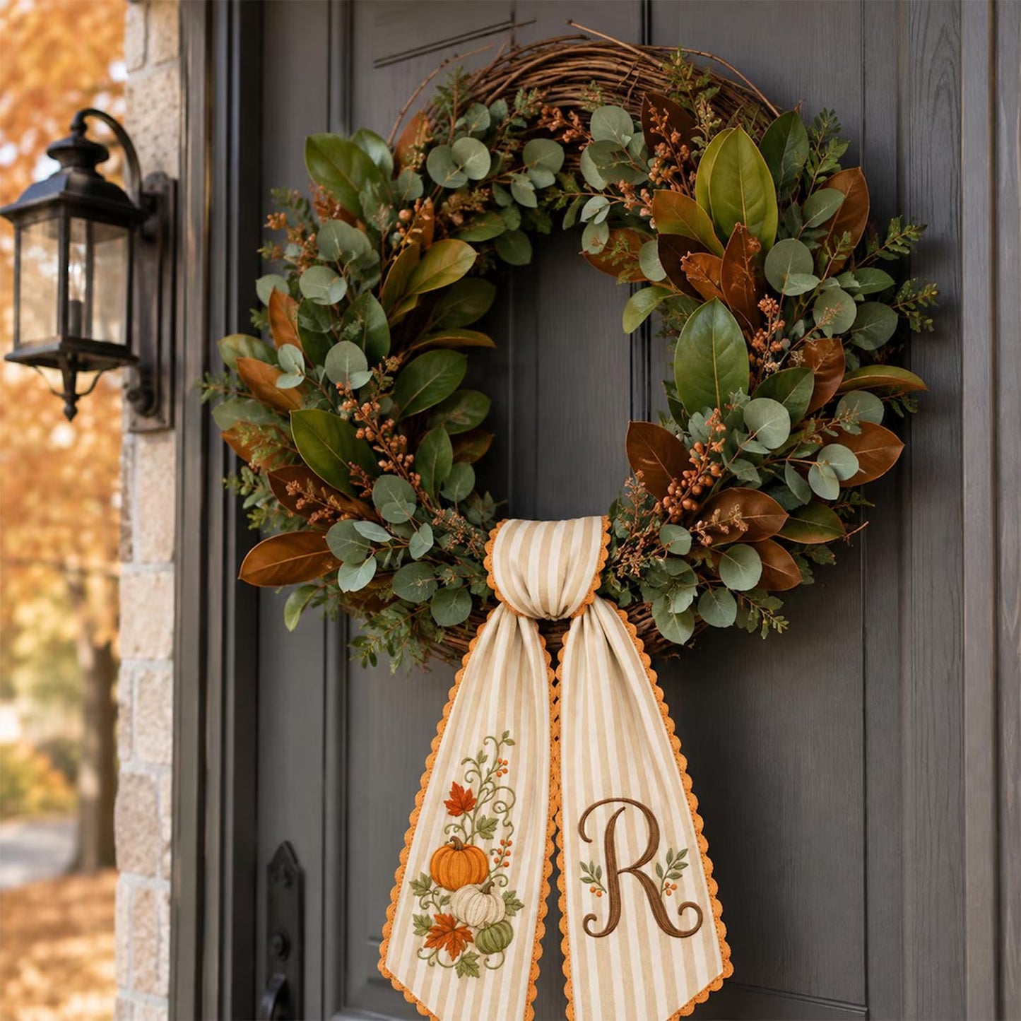 Personalized Fall Wreath Sash, Embroidered Pumpkin Monogram Bow, Custom Initial Autumn Front Door Decor 686157 WFD
