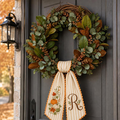 Personalized Fall Wreath Sash, Embroidered Pumpkin Monogram Bow, Custom Initial Autumn Front Door Decor 686157 WFD