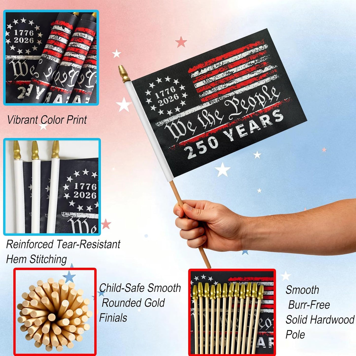 USA 250 Years Handheld Flag, Patriotic Small American Flag on Stick, We The People 1776–2026 Flag 685129