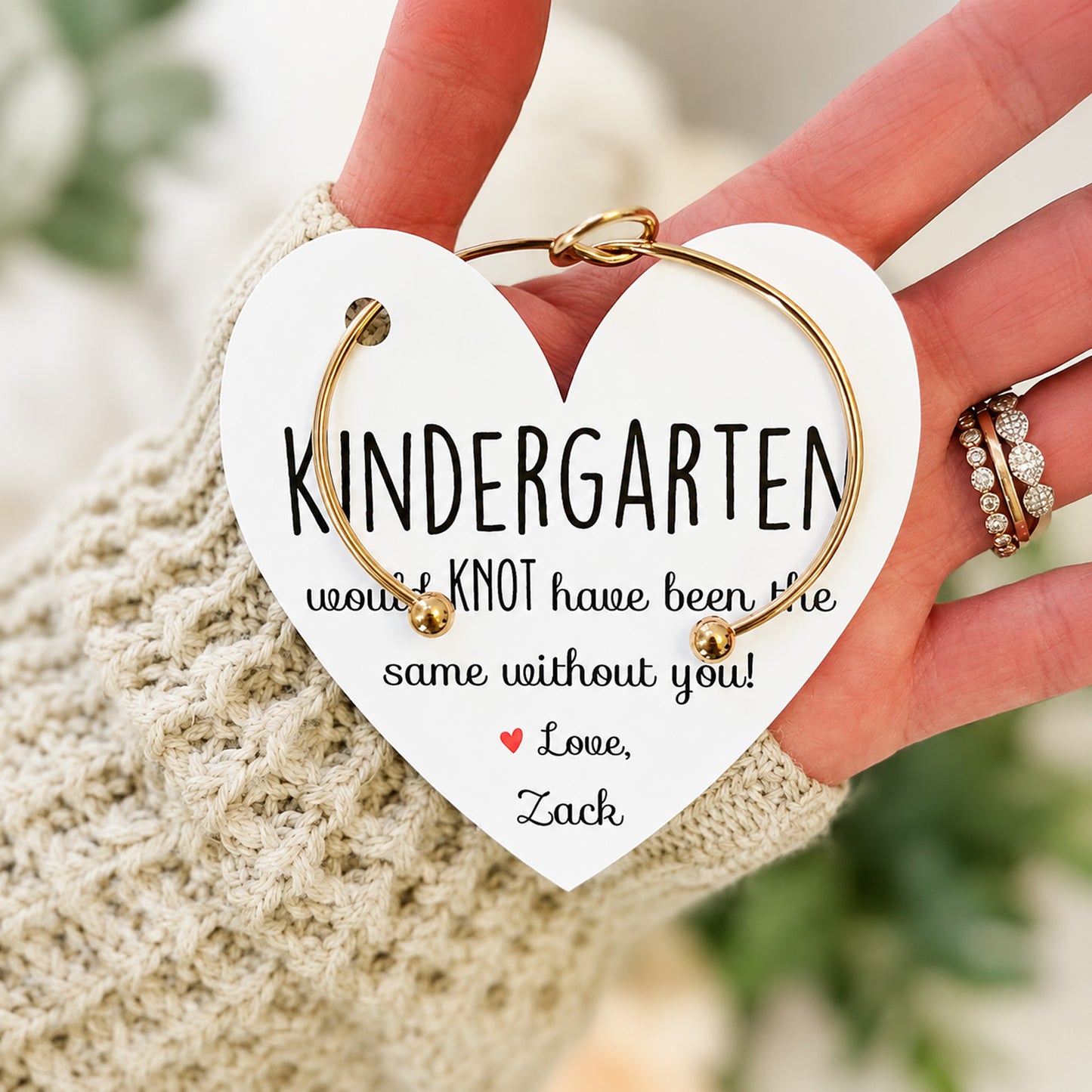 Personalized Teacher Knot Bangle, End of Year Teacher Appreciation Gift, Custom Heart Card Bracelet 685807 WFD