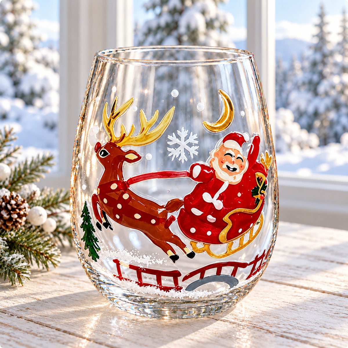 Christmas Stemless Wine Glass, Santa Snowman Reindeer Holiday Drinking Glass, Festive Christmas Gift 686694 WFD