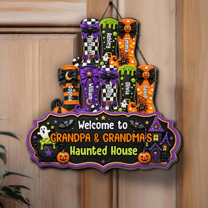 Personalized Halloween Wood Sign, Grandma Grandpa Haunted House Decor, Custom Name Witch Boots Door Sign 685858