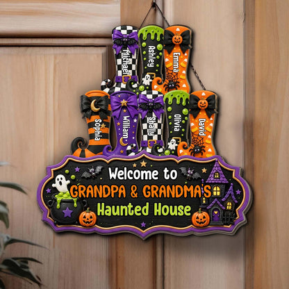 Personalized Halloween Wood Sign, Grandma Grandpa Haunted House Decor, Custom Name Witch Boots Door Sign 685858