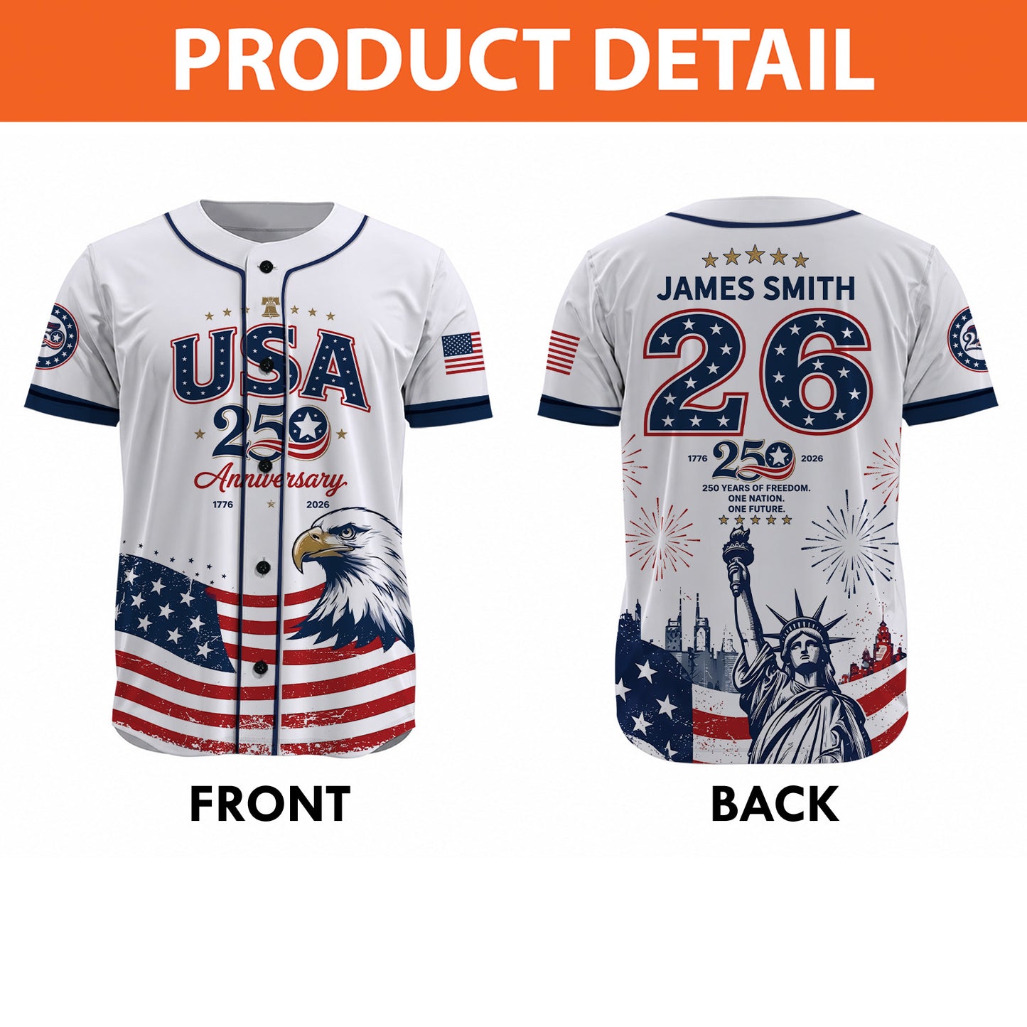 Personalized USA 250 Years Baseball Jersey Shirt, Custom America 1776-2026 Patriotic 4th of July Shirt 685167
