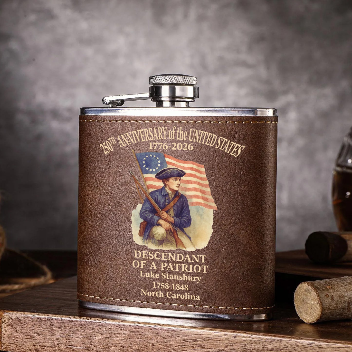 Descendant Of A Patriot Flask, Personalized Leather Flask, 250 Years Anniversary Gift 684597