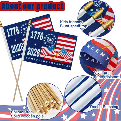 250 Years Anniversary Handheld Flag, Small American Flag on Stick 1776–2026, 4th of July Decorations 685128