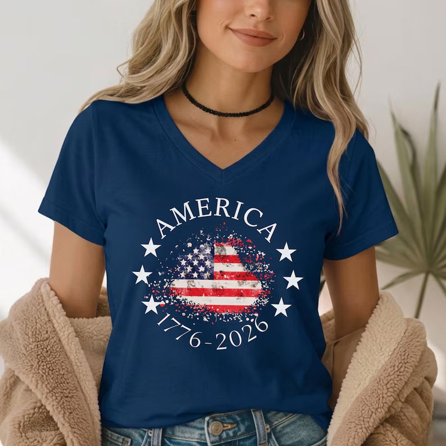 250 Years USA Anniversary V-Neck Shirt, America 1776-2026 Patriotic Flag Women Tee 685342 WFD