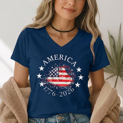 250 Years USA Anniversary V-Neck Shirt, America 1776-2026 Patriotic Flag Women Tee 685342 WFD