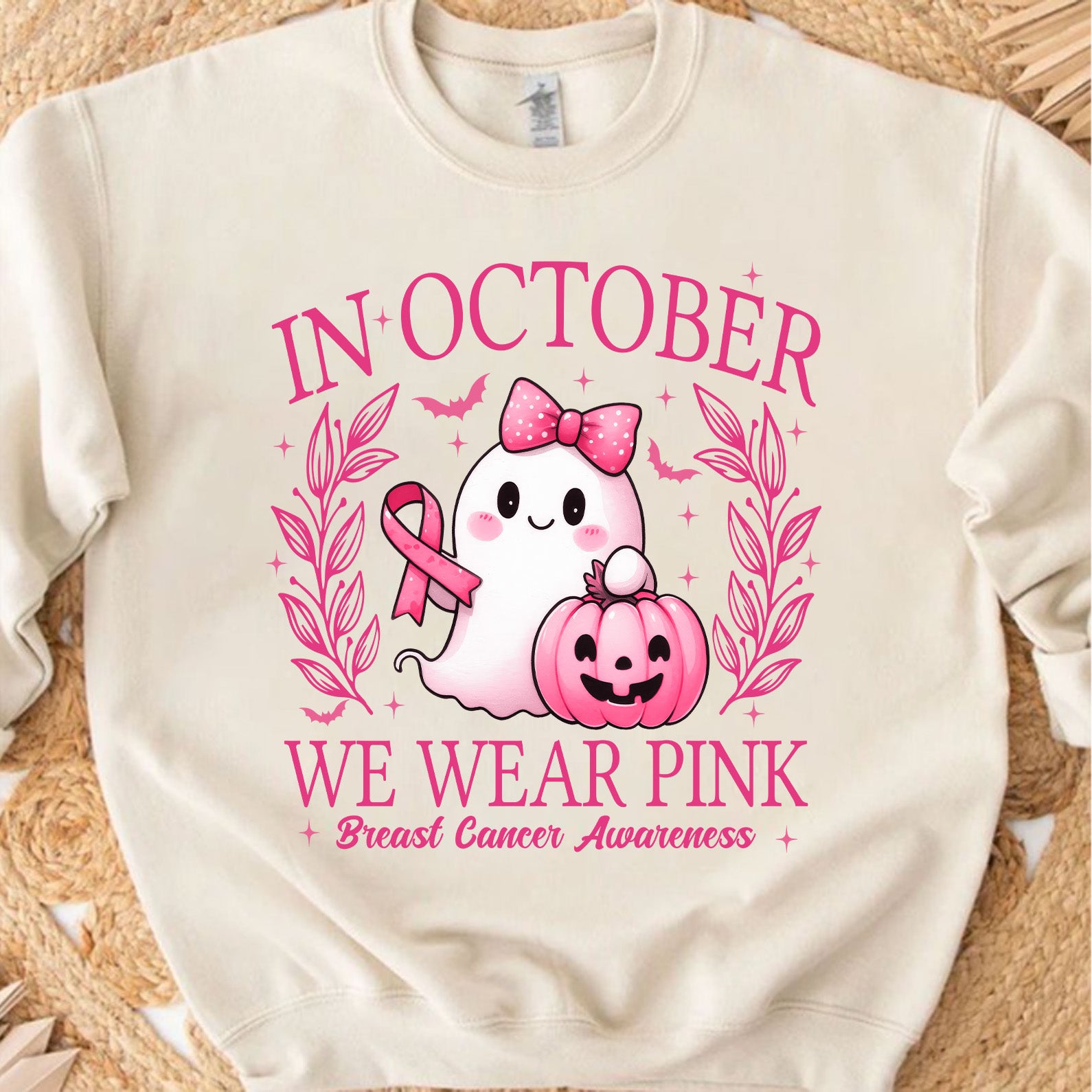 In October We Wear Pink, Breast Cancer Awareness Shirt | Cute Ghost Pink Ribbon T-Shirt | Halloween Pink Out Tee 683307