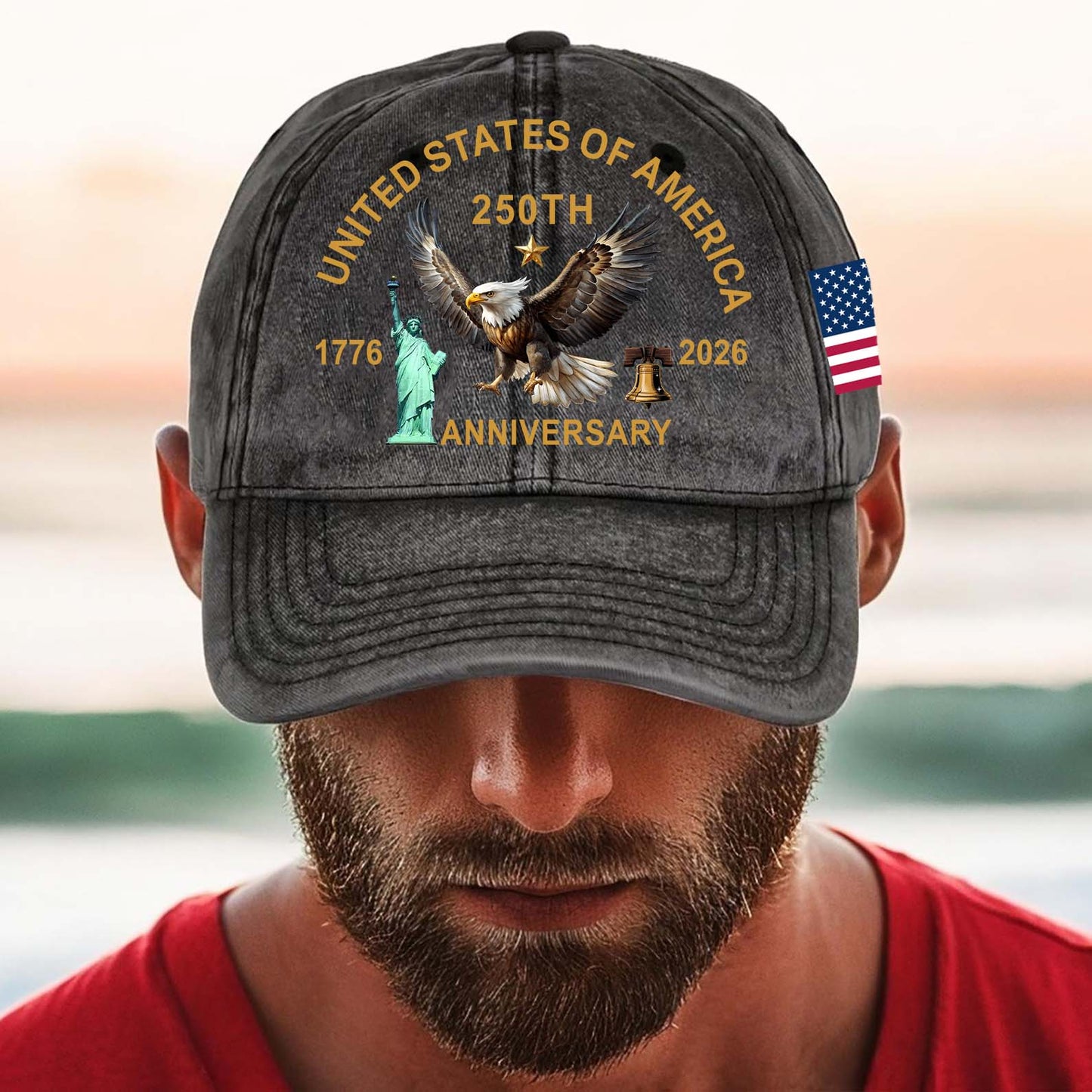 USA 250 Years Anniversary Printed Vintage Washed Denim Baseball Cap | Patriotic US Flag 1776–2026 Hat 684240