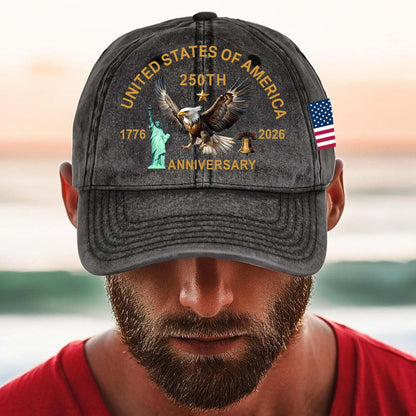 USA 250 Years Anniversary Printed Vintage Washed Denim Baseball Cap | Patriotic US Flag 1776–2026 Hat 684240