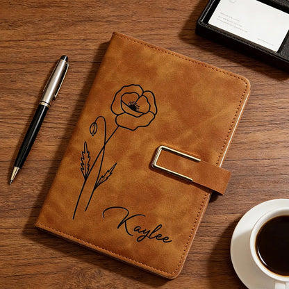 Personalized Engraved Birth Flower Leather Journal, Custom Name Notebook Set, Graduation Gifts for Her 684743