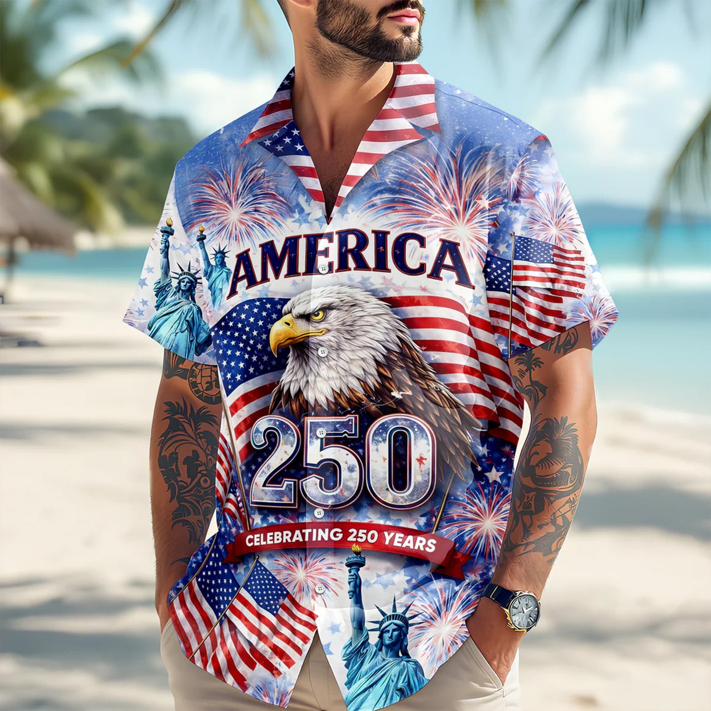 250 Years Anniversary USA Hawaiian Shirt, Celebrating America Patriotic Eagle 4th of July AOP Hawaii Shirt 685226 WFD
