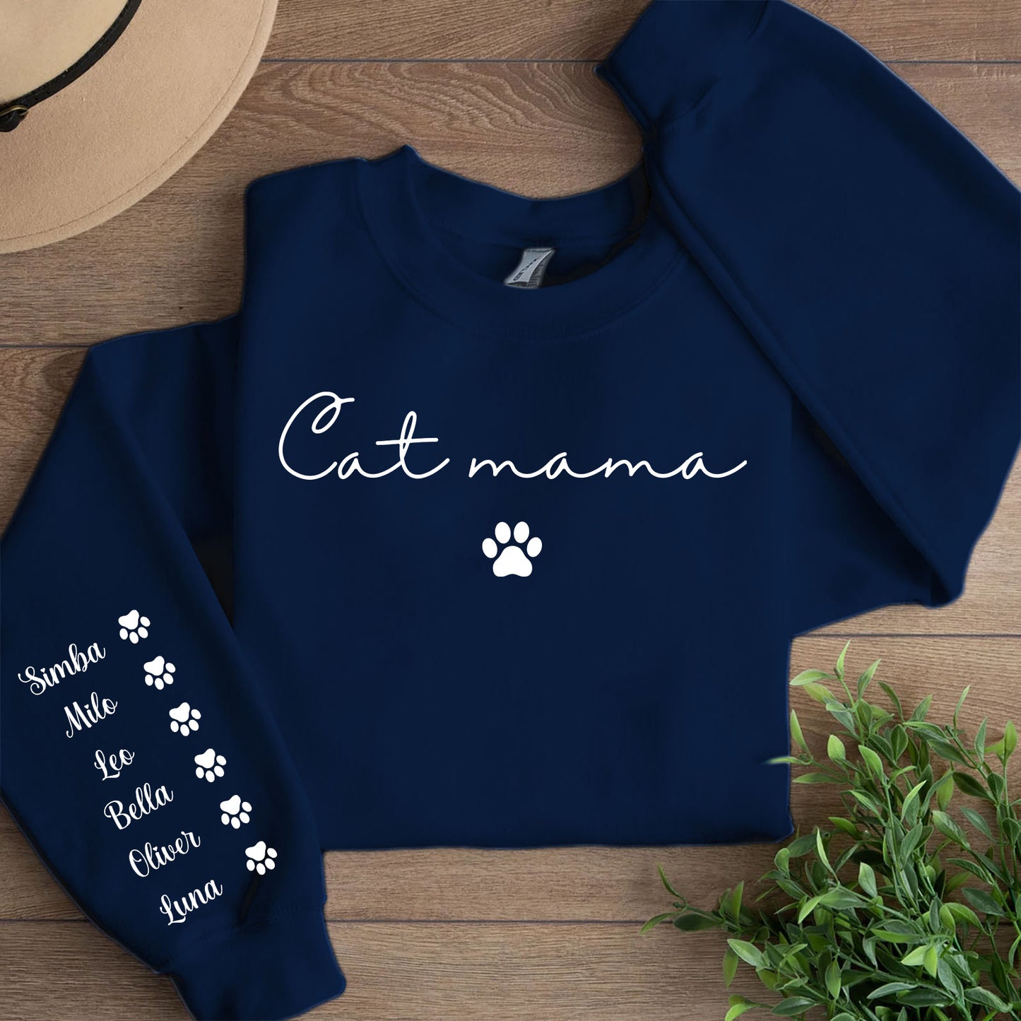 Personalized Cat Mama Sweatshirt with Cat Name, Custom Cat Mom Sweater, Front & Right Sleeve Print 683982