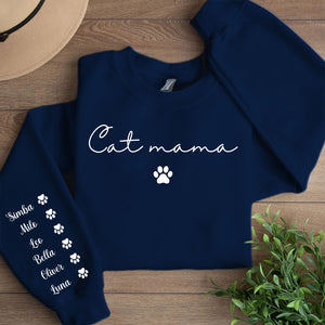 Personalized Cat Mama Sweatshirt with Cat Name, Custom Cat Mom Sweater, Front & Right Sleeve Print 683982