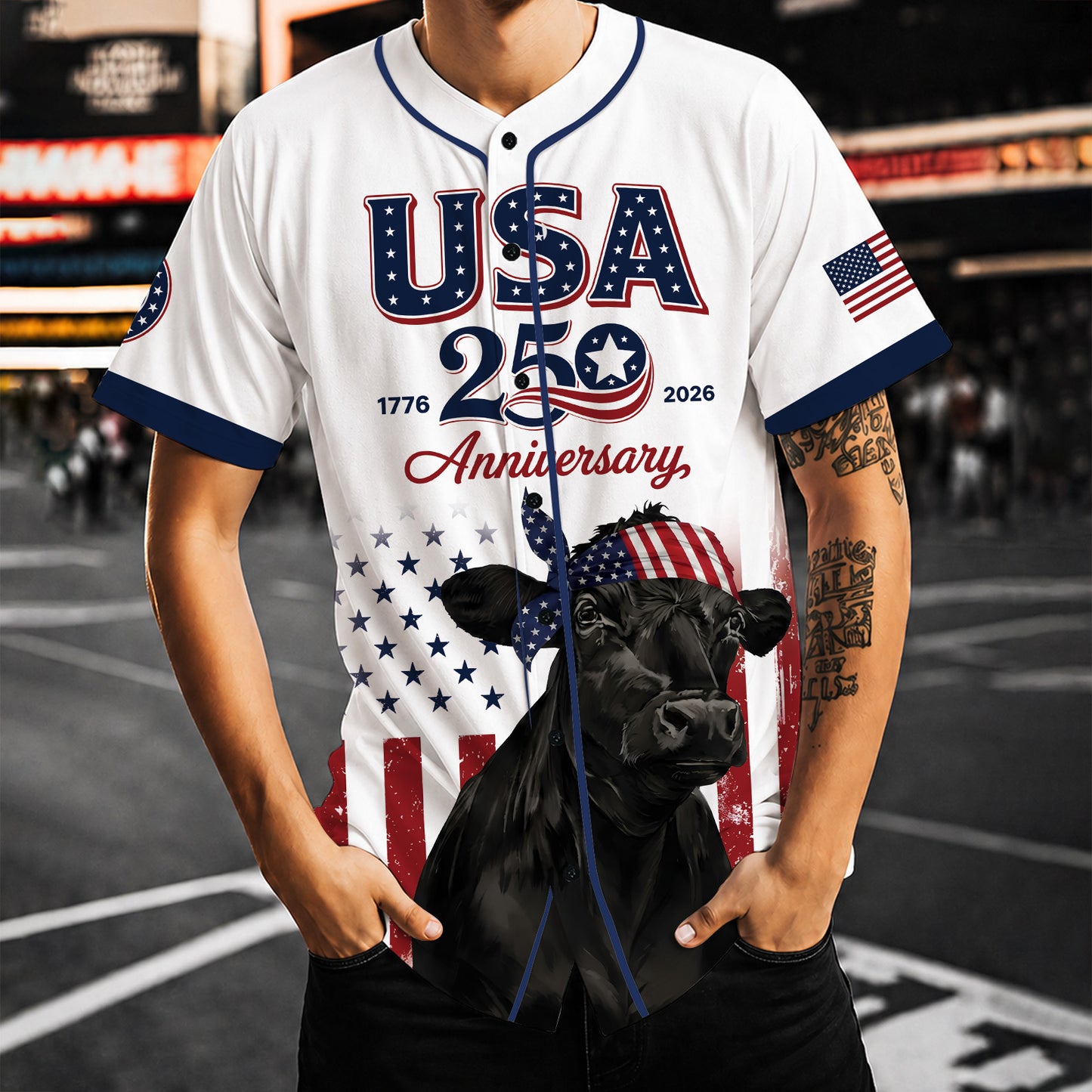 USA 250 Anniversary Black Angus Baseball Jersey, Patriotic Cattle Farmer Shirt, 1776–2026 July 4th Jersey 685259