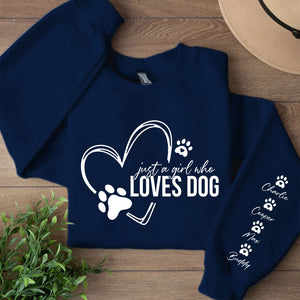 Just a Girl Who Loves Dogs Sweatshirt, Personalized Custom Name Dog Sweater, Front & Left Sleeve Print 683637