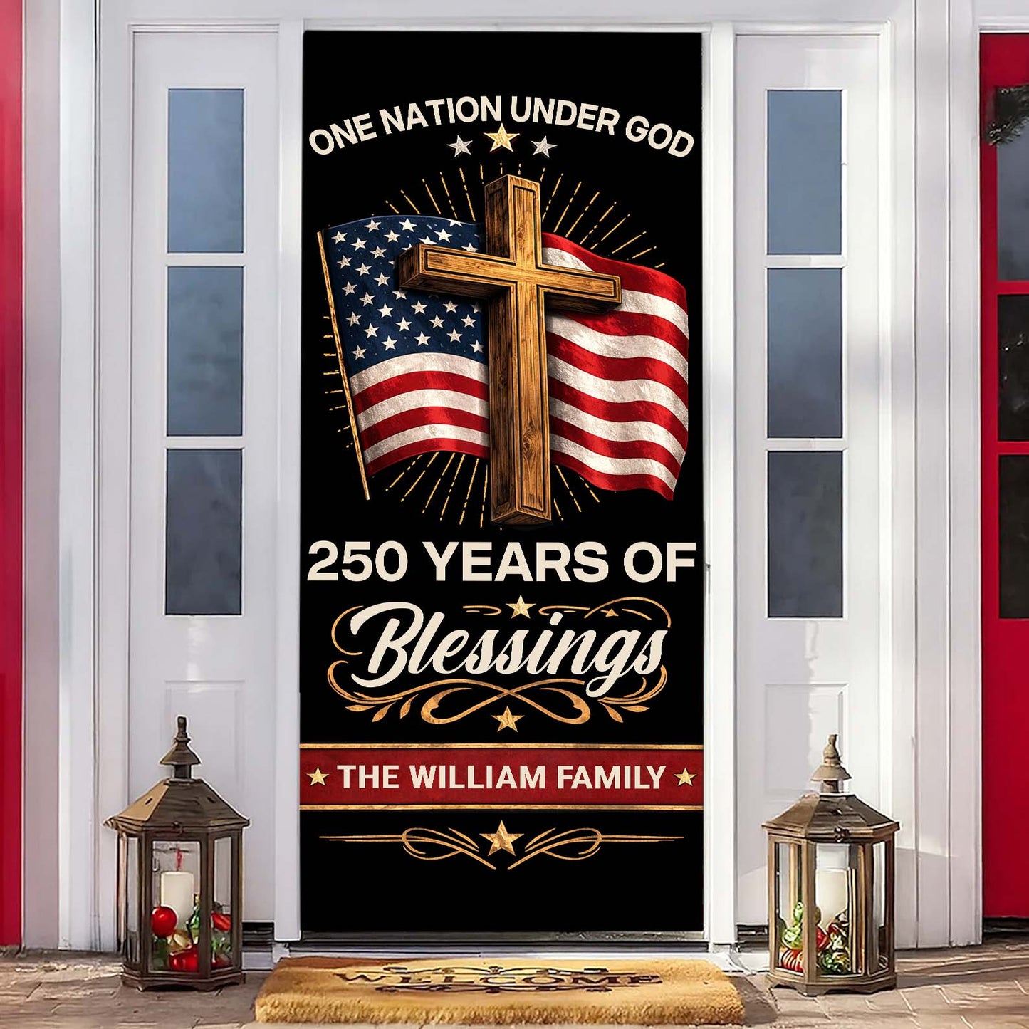 Personalized Blessings 250 Years Door Cover | Patriotic One Nation Under God 4th of July Door Decor 684557