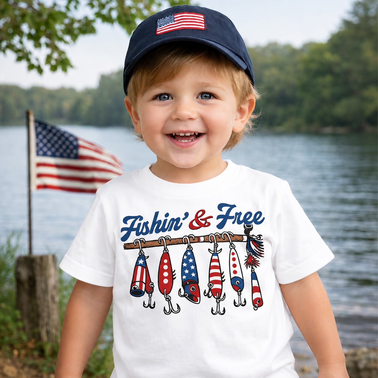 Kids Fishin' And Free Shirt, Patriotic Fishing 250 Years 4th Of July Tee, American Flag Lure Kids Shirt 685309 WFD