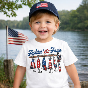 Kids Fishin' And Free Shirt, Patriotic Fishing 250 Years 4th Of July Tee, American Flag Lure Kids Shirt 685309
