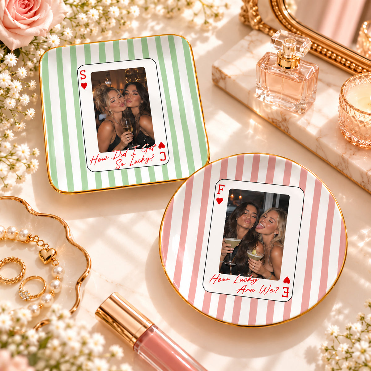 Personalized Playing Card Jewelry Dish, Custom Photo How Lucky We Are Best Friend Trinket Tray, Bestie Gift 686529 WFD