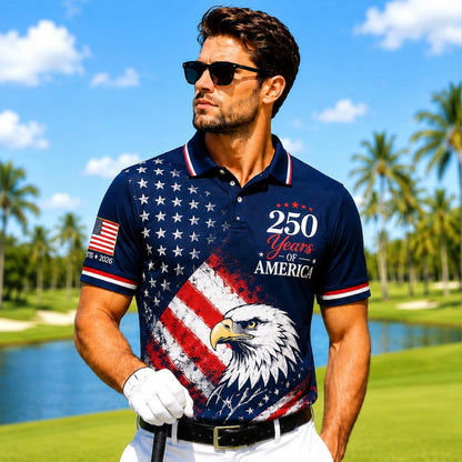 250 Years of America Golf Polo Shirt, Patriotic USA Flag Eagle Polo, 4th of July AOP Golf Shirt 685182 WFD