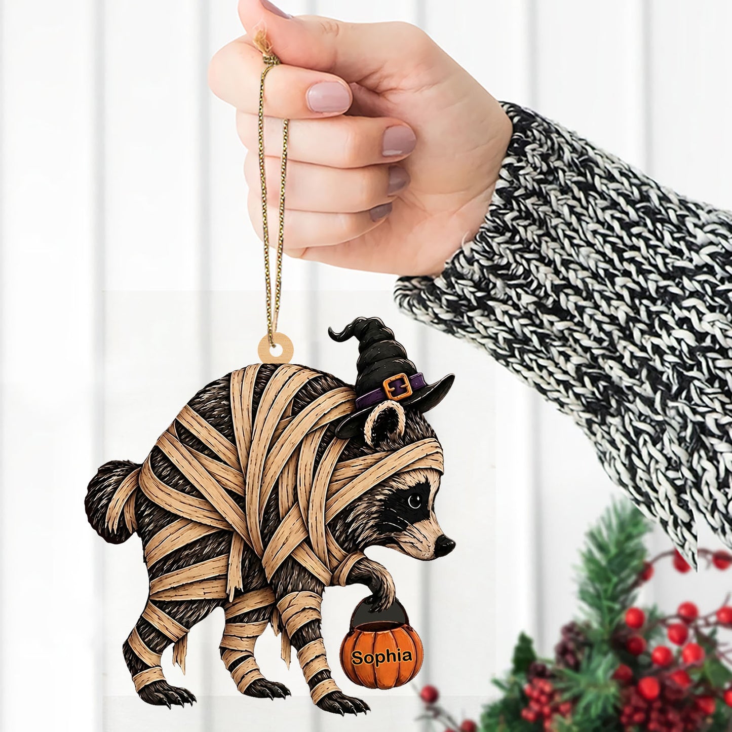 Personalized Mummy Raccoon Wooden Ornament, Funny Trick or Trash Halloween Ornament 685851