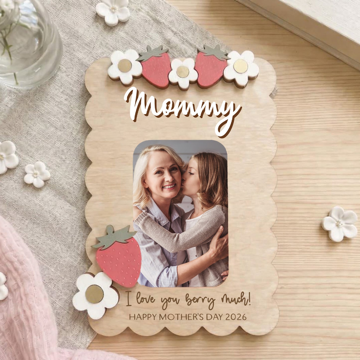 Personalized Wooden Photo Magnet, Custom Mom Fridge Magnet, Strawberry Gift for Grandma, Mother’s Day Gift 684678