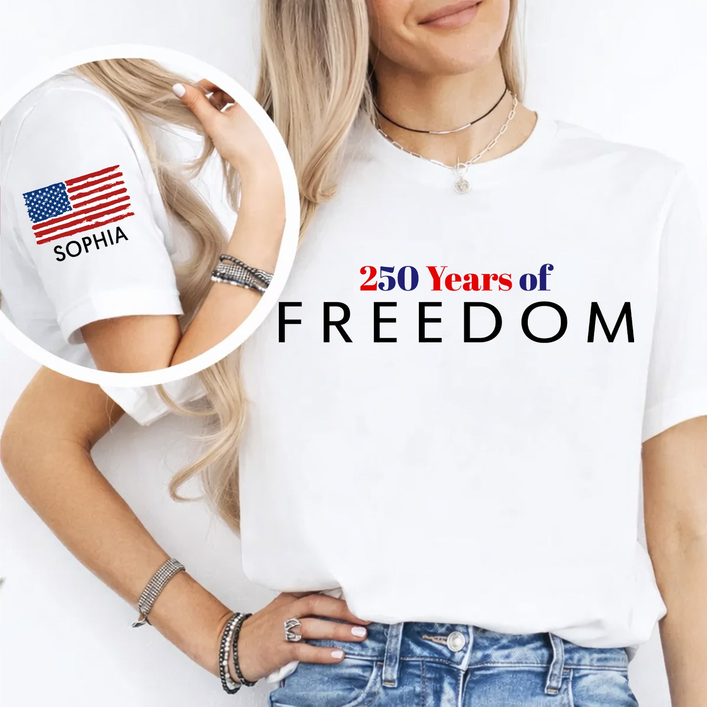 Personalized 250 Years Of Freedom Bright Shirt | Custom Name Patriotic 4th of July Front & Right Sleeve Shirt 684610
