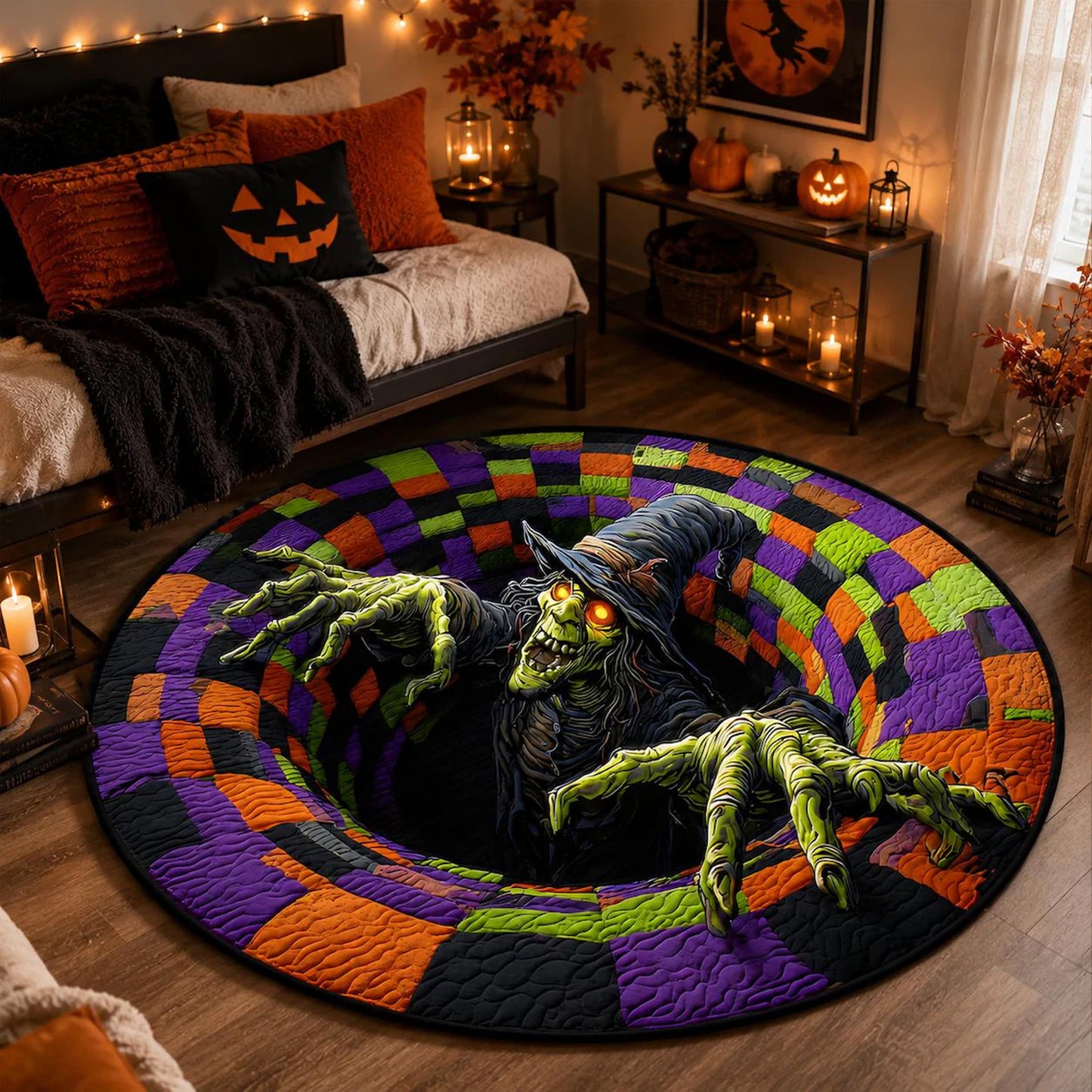 3D Witch Halloween Round Rug, Spooky Optical Illusion Floor Mat, Creepy Haunted House Halloween Decor 685933 WFD
