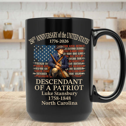 Custom Name Descendant of a Patriot Black Mug | Personalized 250 Years USA 1776–2026 Coffee Mug 684433